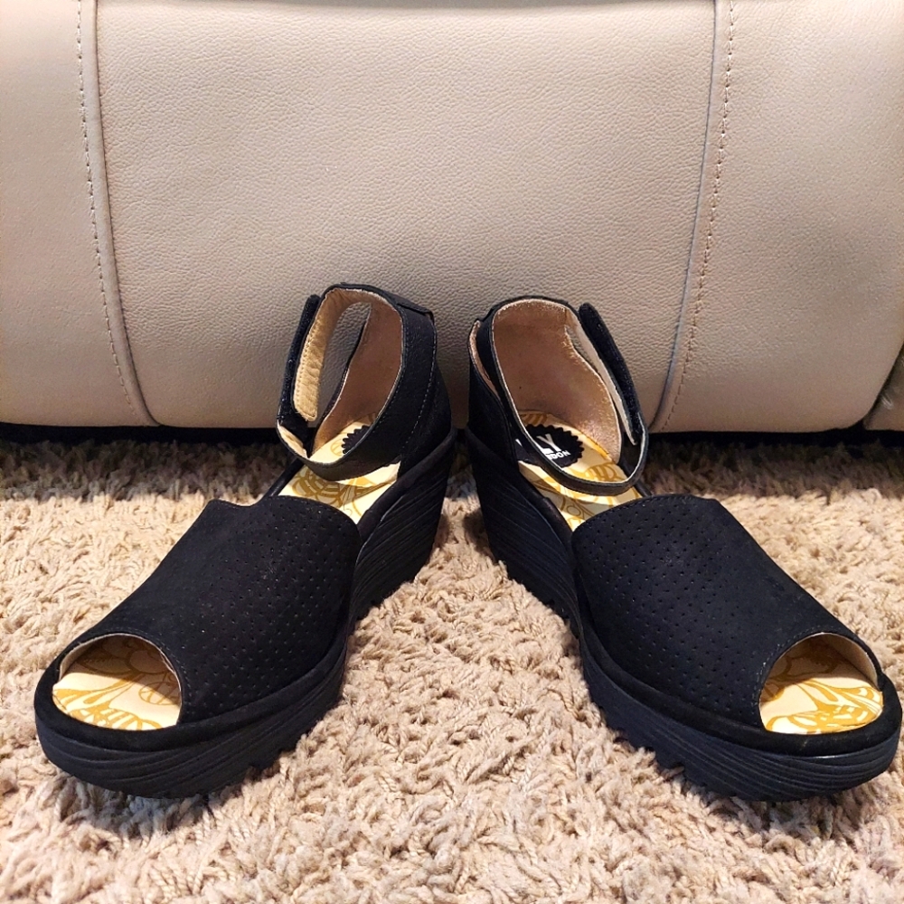 Fly London wedge in black.  7.5 or 38 in size.